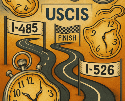 Graphic explaining EB-5 CSPA age calculation for Forms I-526 and I-485.