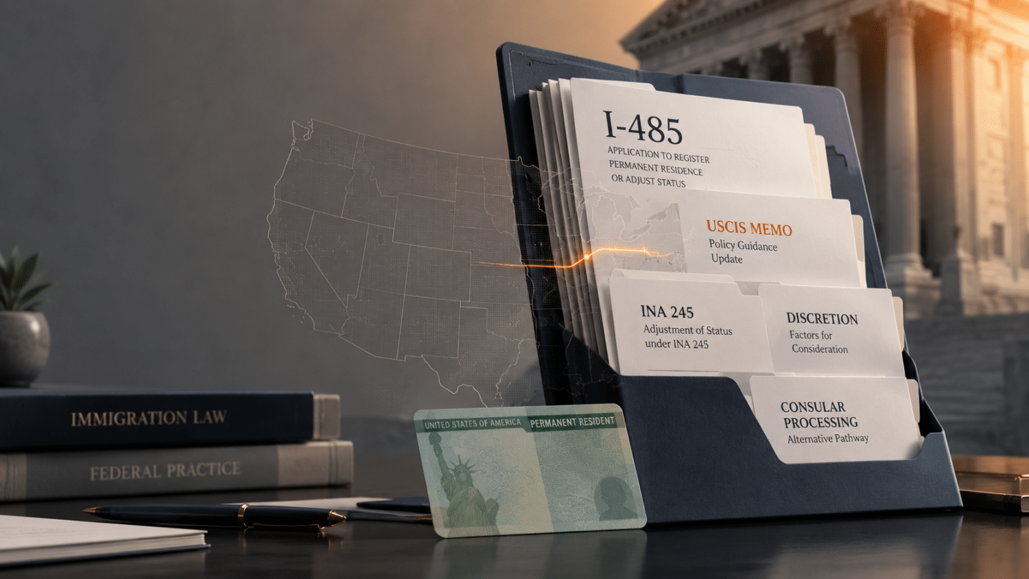 uscis-anpassung-status-memo-i485-featured-image Illustration von Einwanderungsdokumenten mit der Bezeichnung I-485 und USCIS Memo, die einen legalen Weg zu einer Green Card aufzeigen und die Überprüfung der Statusanpassung symbolisieren.